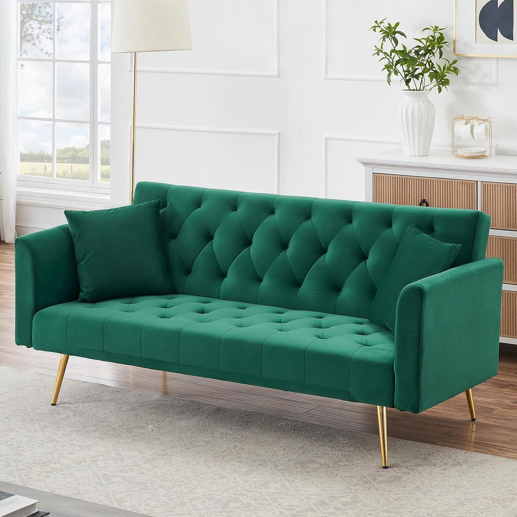 71' Modern Velvet Sofa Bed Futon, Convertible Sleeper Couch with Adjustable Backrest, Tufted Recliner Loveseat with Golden Chrome Legs & 2 Pillows for Small Spaces, Living Room, Apartment (Green)