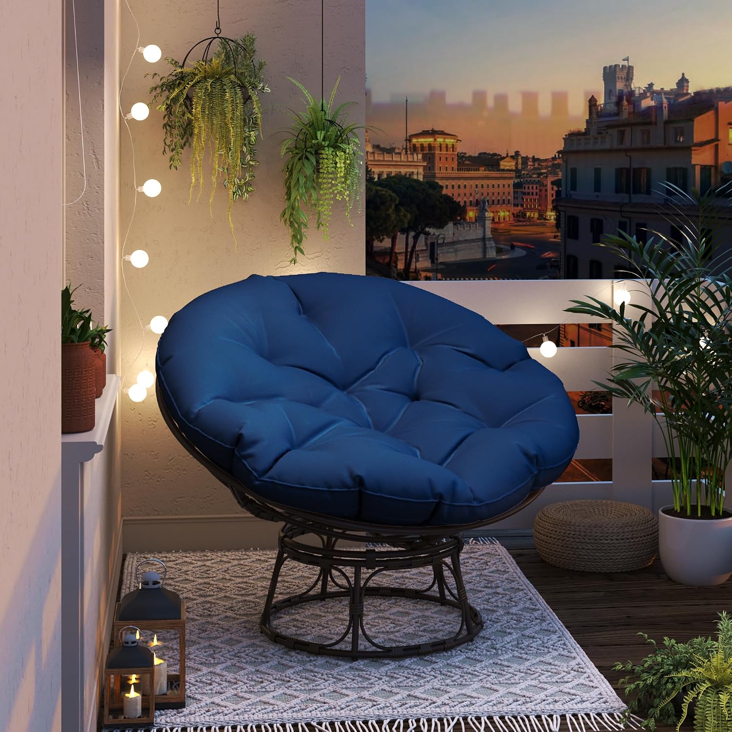 46'' Large Size Papasan Chair with (Non-Swivel) Cushion and Frame, Living Room Chair for Reading, Navy Blue