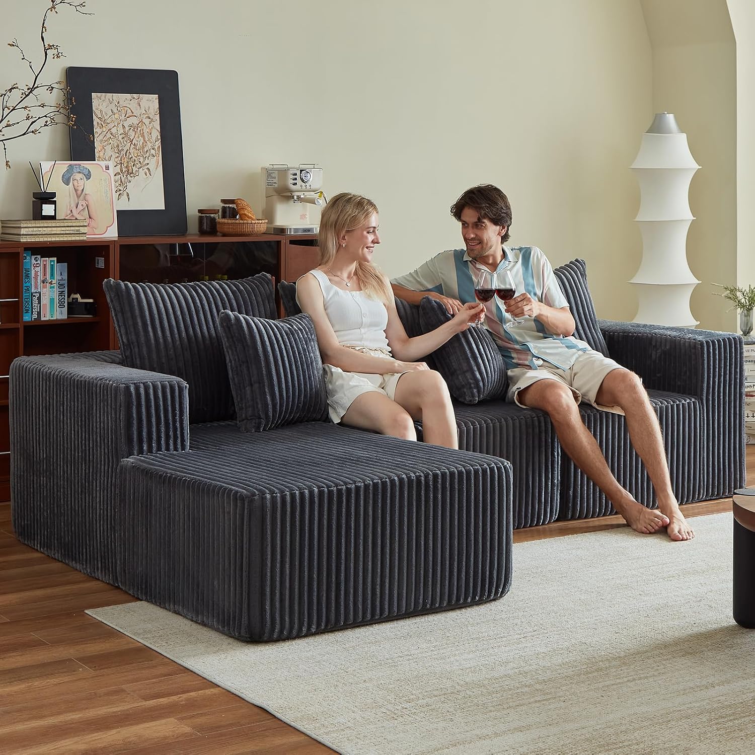 Boneless Couch for Living Room-102 Cloud Couch with Deep Seat,L-Shaped Comfy Sofa for Bedroom,Compressed Sofa in a Box,No Assembly Required(Corduroy,Grey)