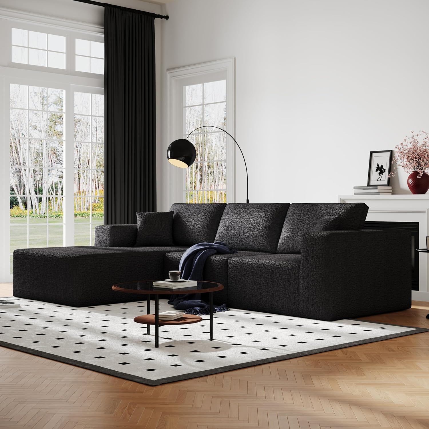 108' Cloud Modular Sectional Couch with L-Shape Chaise, Modern Sectional Sofa with Deep Seat Couch, Ultra Soft Knit Fabric Couches for Living Room, No Assembly Required, Left Facing Chaise (Black)