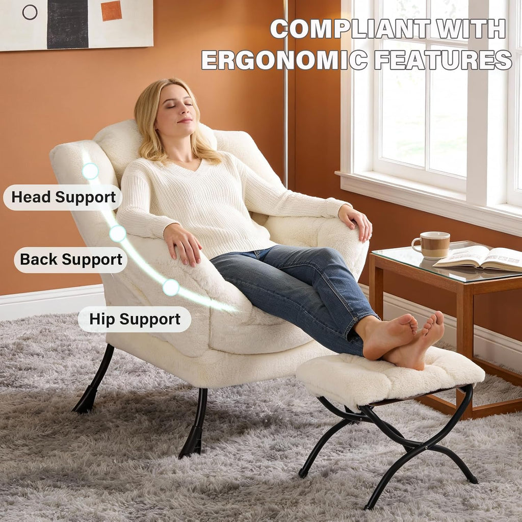 MBOOYOME Lazy Chair with Ottoman, Modern Accent Lounge Armchair with Side Pocket & Foldable Footstool, Leisure Reading Chair for Living Room, Bedroom, Dorm & Office, Plush Beige