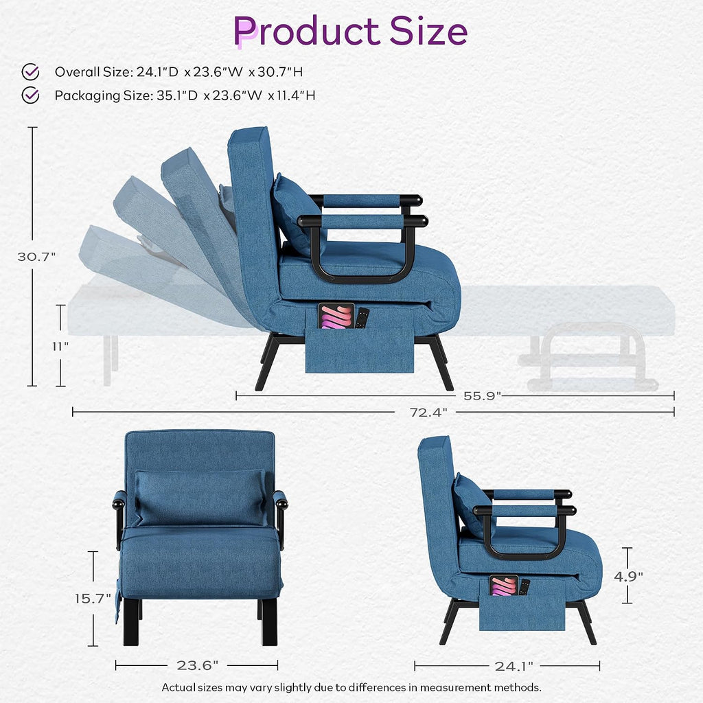 TYBOATLE Convertible Chair Bed Sleeper for Adults, Folding Chair Bed with 5-Position Adjustable Backrest & Side Pockets & Pillow, Comfy Single Futon for Small Spaces, Apartment, Office (Azure Blue)