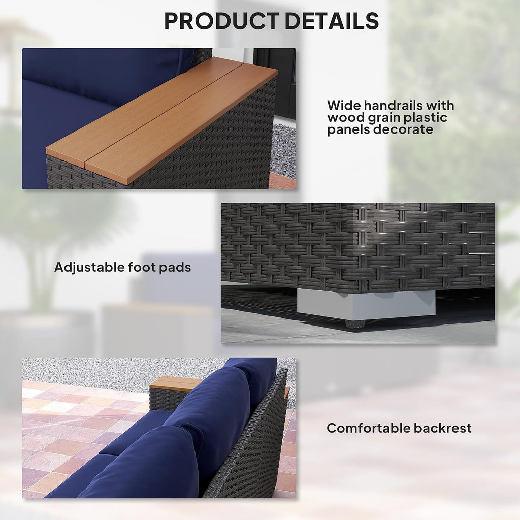 Outsunny 3-Seat Outdoor Patio Sofa with 24.5' Extra Wide Deep Seats, PE Wicker Sofa with Wide Wood Effect Armrests and 4' Cushions, Rattan Outdoor Couch for Porch, Garden, Poolside, Navy Blue