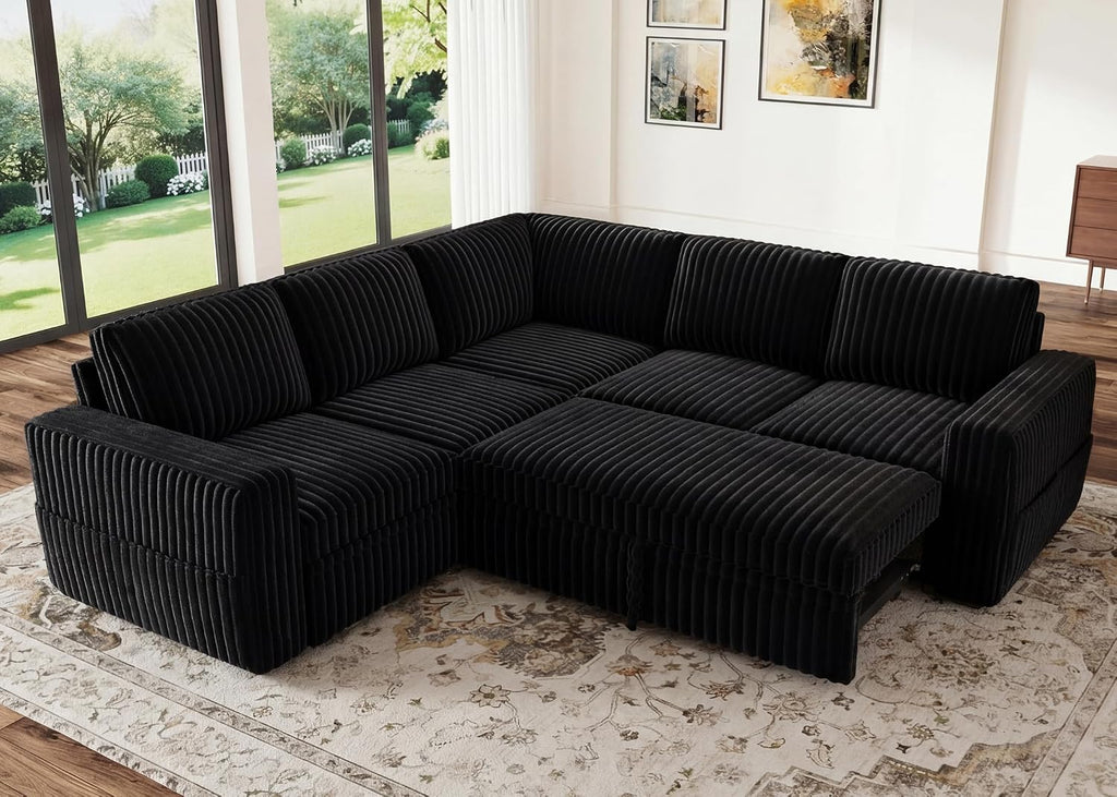 HONBAY Modular Sectional Sleeper Sofa with Pull Out Bed,Corduroy L Shaped Couch with Storage, Sectional Couches for Living Room,Black