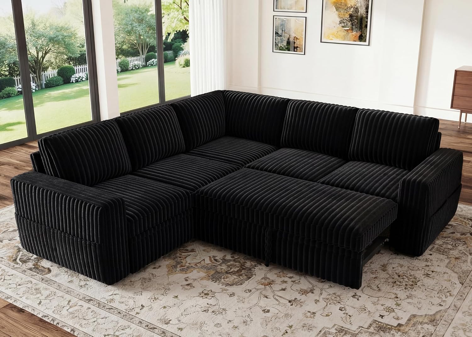 HONBAY Modular Sectional Sleeper Sofa with Pull Out Bed,Corduroy L Shaped Couch with Storage, Sectional Couches for Living Room,Black