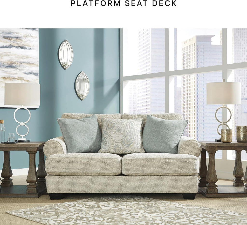 Signature Design by Ashley Monaghan Vintage Loveseat with Accent Pillows, Reversible Cushions and Rolled Arms, Beige