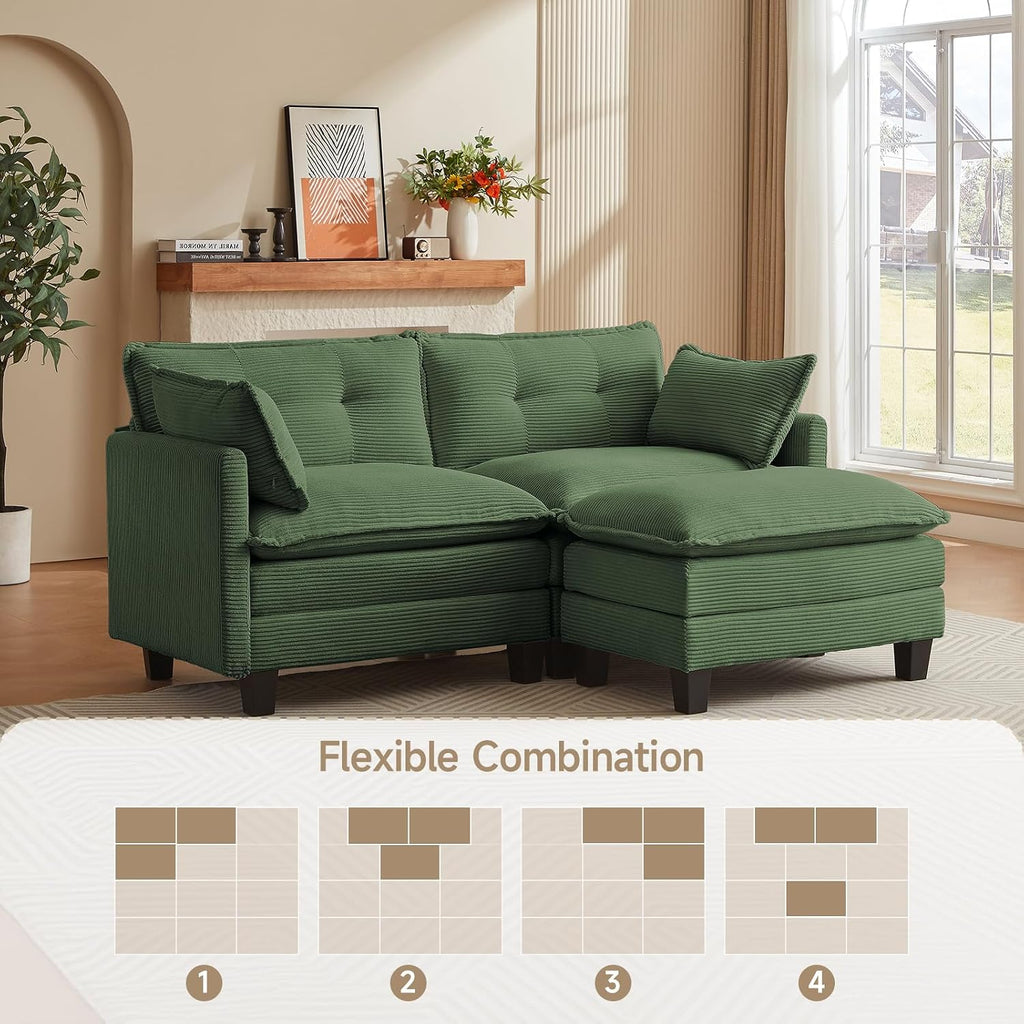 Amsleekey Modular Sectional Sofa, 76.5' L-Shaped Corduroy Comfy Sectional Couches for Living Room, 2-Seater Cloud Couches with 1 Movable Ottoman, Flexible Combination Modern Deep Seat Sofa (Green)