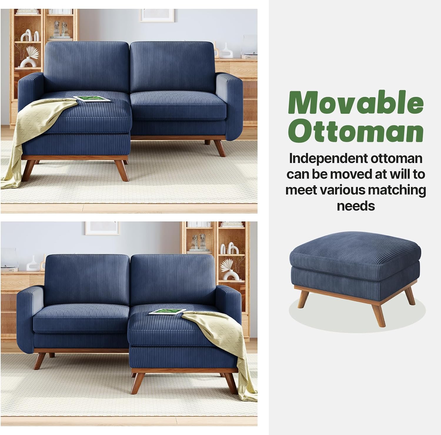 Vesgantti 68' Loveseat Sofa with Movable Ottoman, Comfy Corduroy Couch with Spring Cushion, Sofa Couch with Solid Wood, Modern Office Sofa with Deep Seat for Living Room and Bedroom, Dark Blue