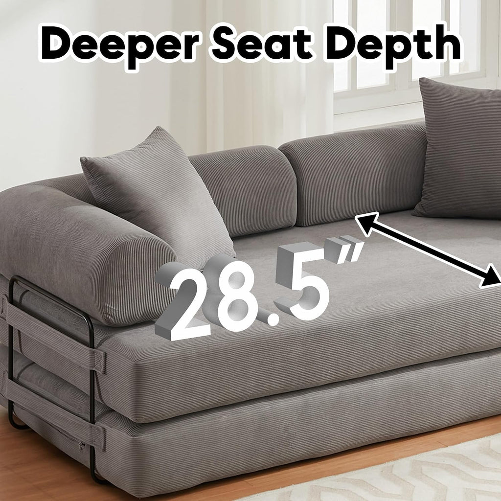 ZEIINPA Convertible Sleeper Sofa Bed with Cylindrical Pillow, Corduroy Folding Mattress Couch with Fixed-Shape Frame, Floor Sofa Lounge Couch for Living Room Bedroom Lounge Studio-Grey