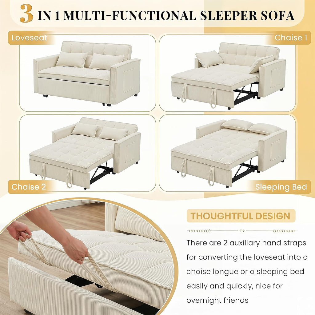 CAPCAEK 3 in 1 Convertible Sleeper Sofa Bed, Modern Corduroy Loveseat Pull-Out Couch w/Pullout Bed, Small Love Seat Lounge Sofa w/Reclining Backrest,Toss Pillows, Pockets, for Living Room
