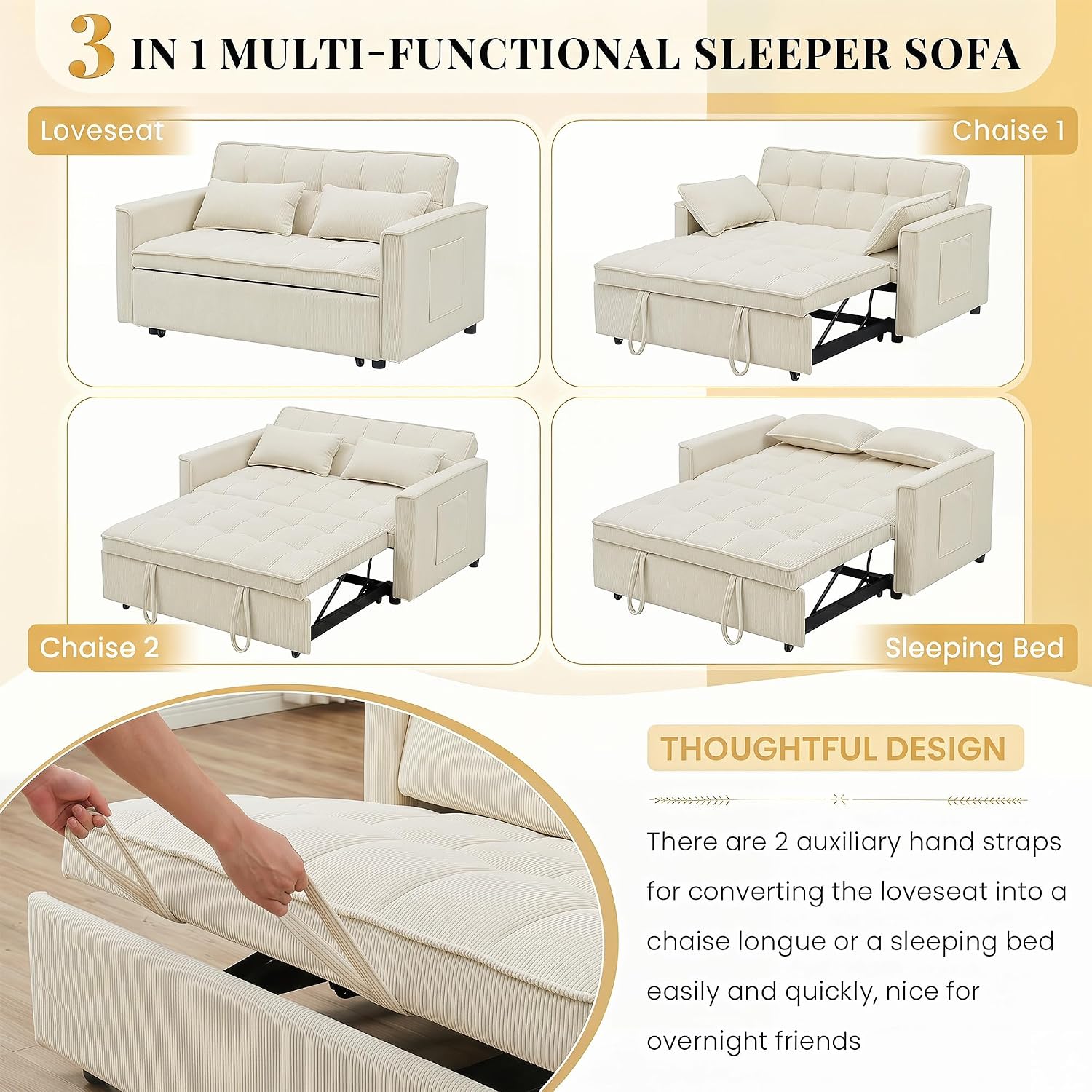 CAPCAEK 3 in 1 Convertible Sleeper Sofa Bed, Modern Corduroy Loveseat Pull-Out Couch w/Pullout Bed, Small Love Seat Lounge Sofa w/Reclining Backrest,Toss Pillows, Pockets, for Living Room