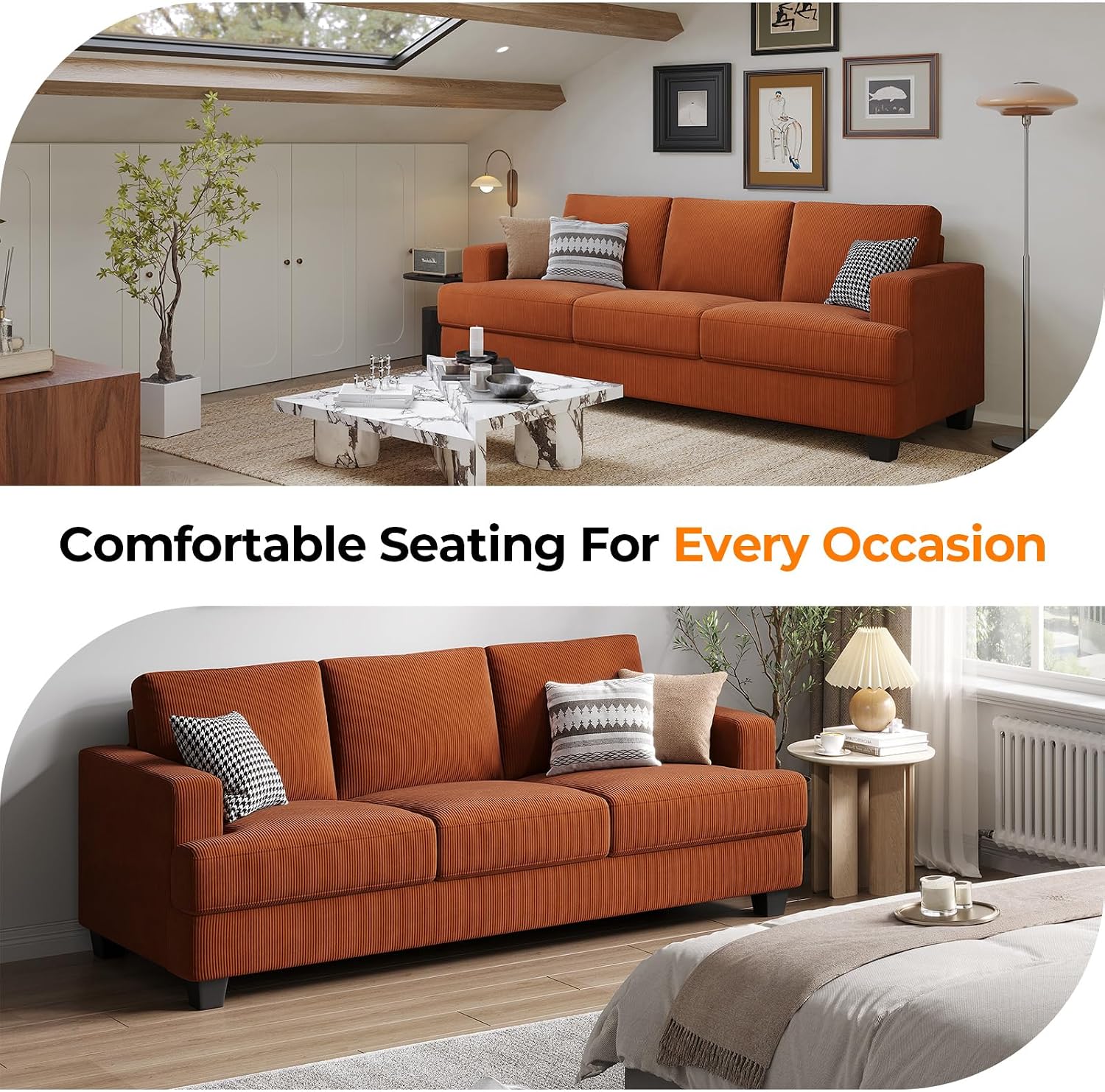 COPIAE 89 Inch Sofa with Extra Deep Seats Oversize, 3 Seater Sofa for Living Room, Modern Couch and Sofa, Comfy Armrests and Seats and Backrests, Easy Installation, Corduroy Fabric Rust