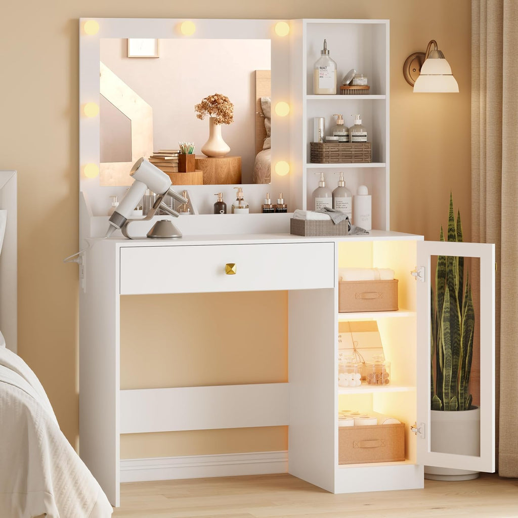 Vanity Desk with Mirror and Lights, Small Makeup Vanity Table with RGB Storage Cabinet & Power Strips & Shelves, 3 Lighting Modes & Adjustable Brightness, Dressing Table for Women Girls Bedroom, White