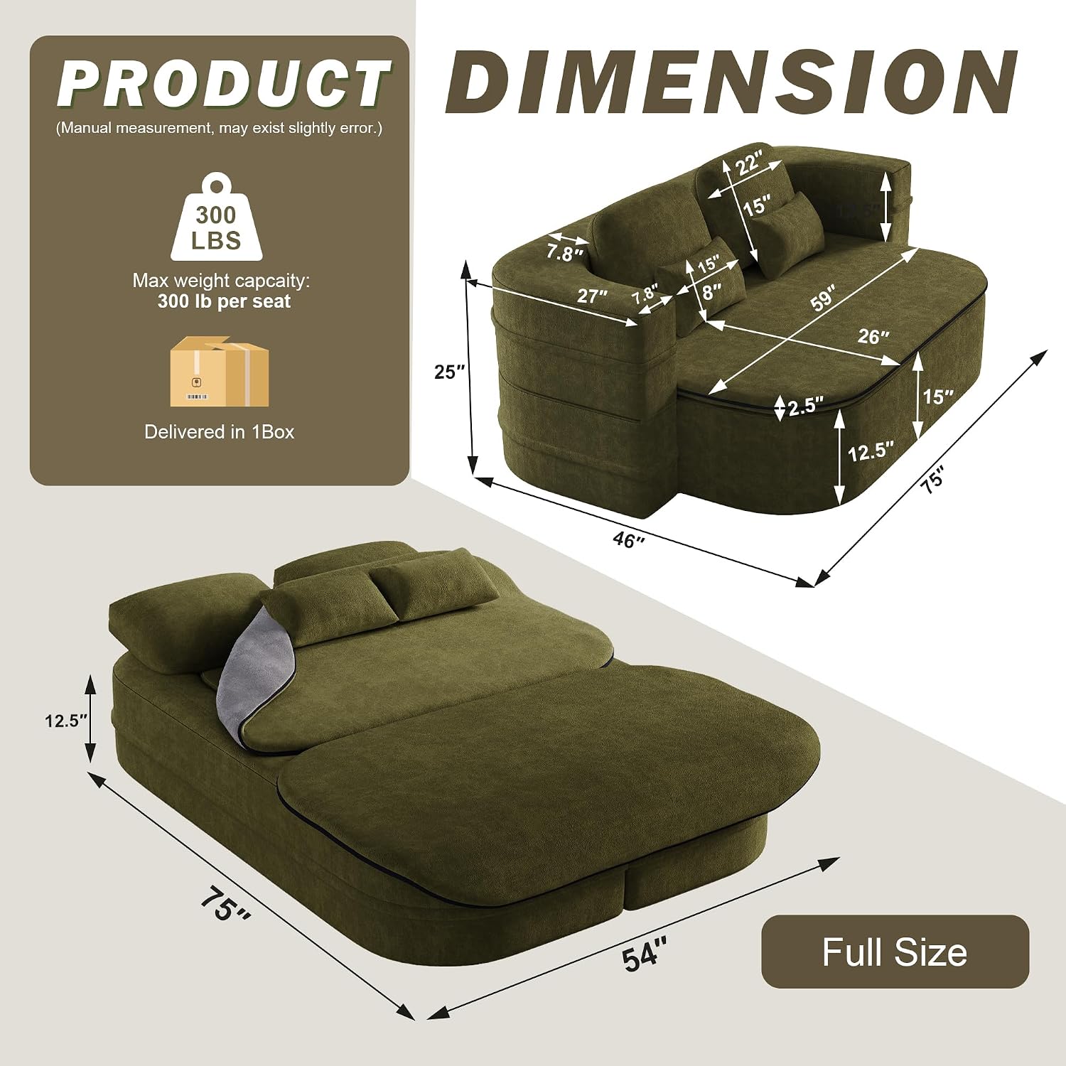 75'' Folding Sleeper Sofa Bed, Convertible Memory Foam Boneless Couch, Foldable Full Size Guest Bed, Modern 2-in-1 Futon Floor Sleeper Sofa with 4 Pillows and Blanket (Chenille, Green1)