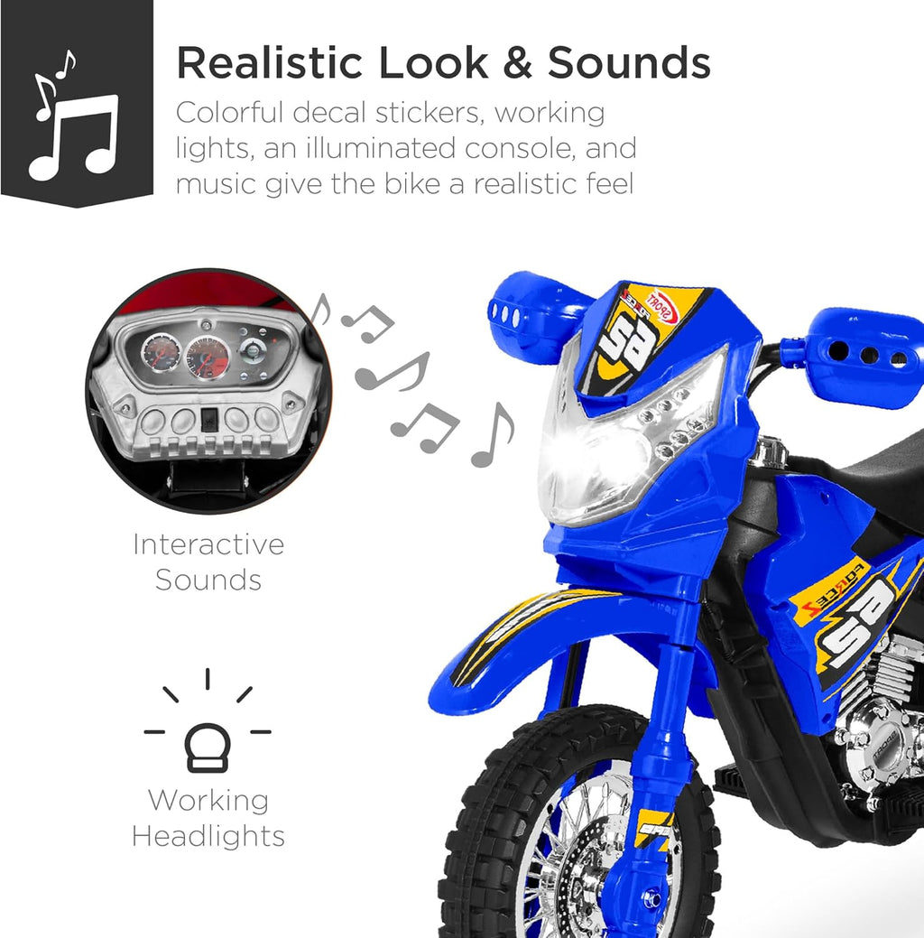 Best Choice Products Kids 6V Ride On Motorcycle w/Treaded Tires, Working Headlights, 2mph Top Speed, Training Wheels, Realistic Sounds, Music, Battery Charger - Blue