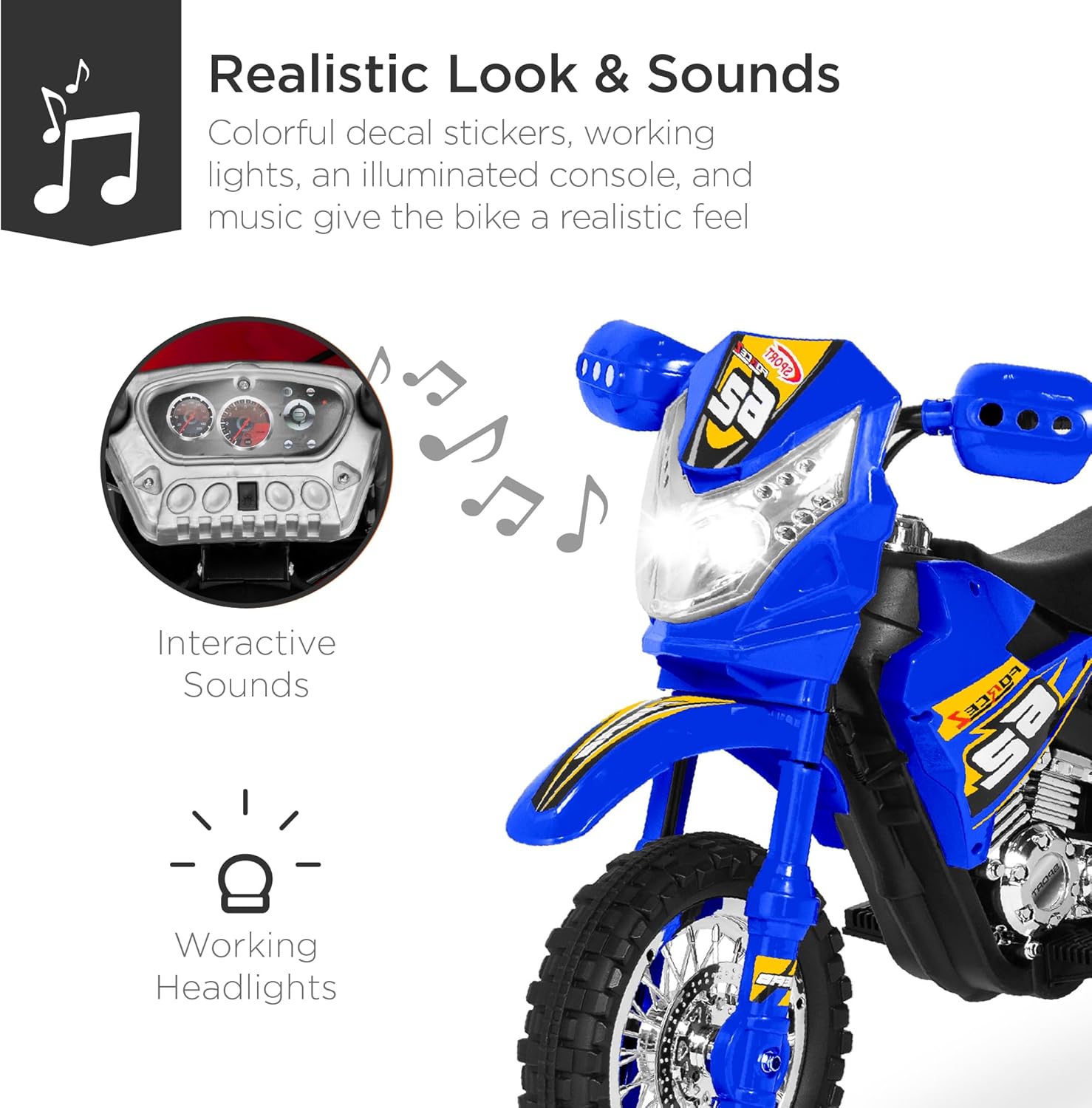 Best Choice Products Kids 6V Ride On Motorcycle w/Treaded Tires, Working Headlights, 2mph Top Speed, Training Wheels, Realistic Sounds, Music, Battery Charger - Blue