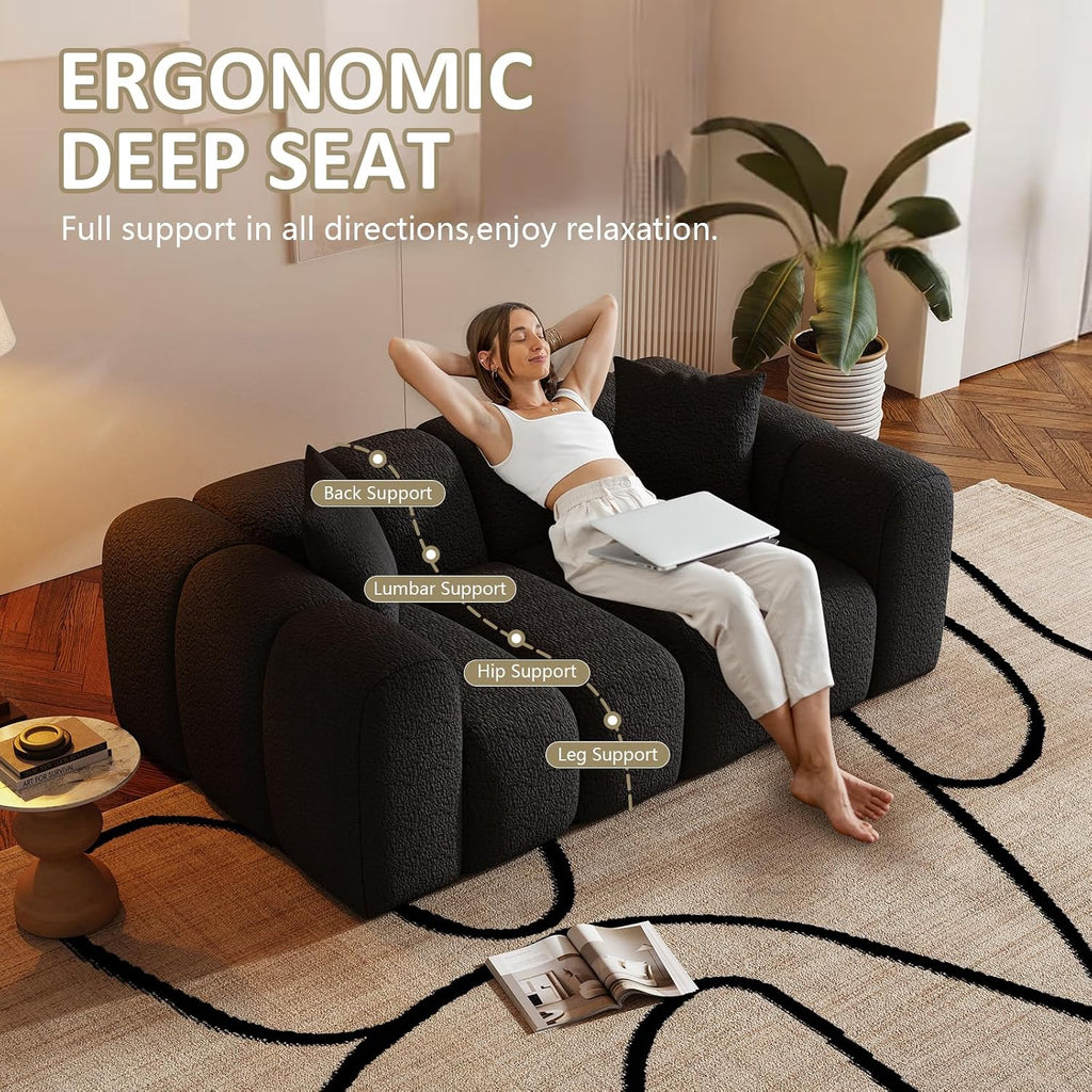 WHGBJA 70' Modern Chenille Fabric Sofa Couch – One-Piece Memory Foam 3-Seater Sofa with Rounded Arms, Soft & Cozy Upholstery for Living Room (Black)