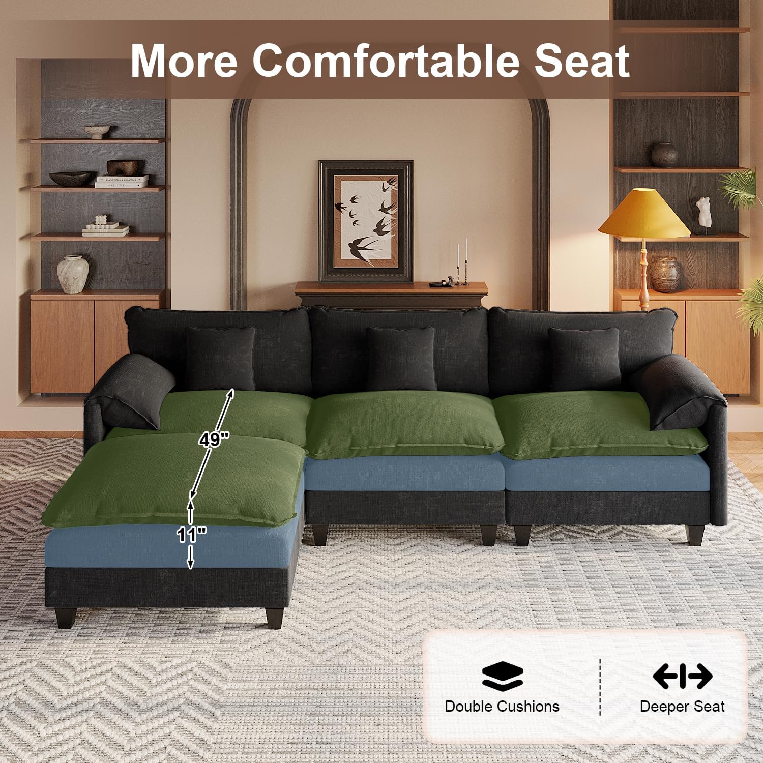 KCGKCG Modular Sectional Sofa, 108' Comfy Cloud Couch with Movable Ottoman | Charging Station | Side Pocket | Throw Pillow, Modern L-Shaped Couches for Living Room, Chenille, Charcoal Black