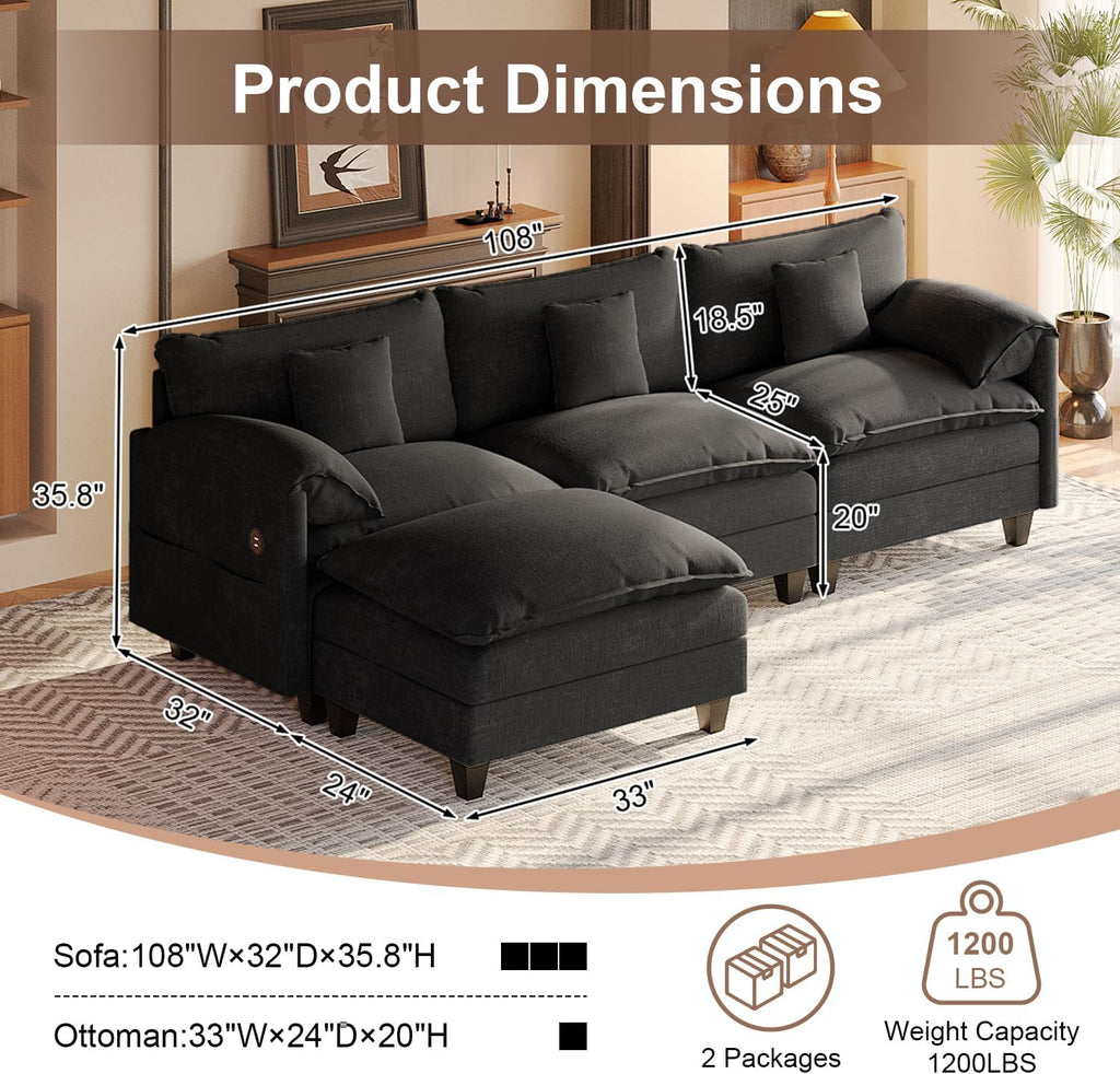 KCGKCG Modular Sectional Sofa, 108' Comfy Cloud Couch with Movable Ottoman | Charging Station | Side Pocket | Throw Pillow, Modern L-Shaped Couches for Living Room, Chenille, Charcoal Black