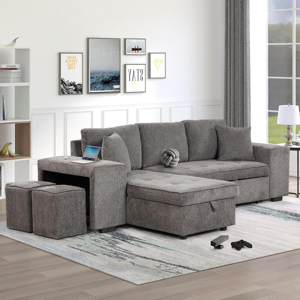 104.5 inch Reversible Sleeper Sectional Sofa with Pull Out Bed , Convertible L Shaped Sectional Couch with Storage Chaise and 2 Stools , Tufted Upholstered Pullout Sofa Bed for Living Room Apartment