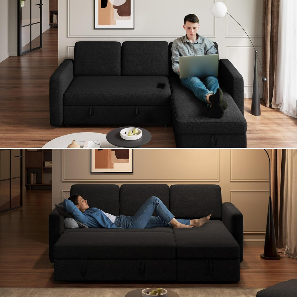 Yaheetech Sectional Sofa L-Shaped Sofa Couch Bed w/Chaise & USB, Reversible Couch Sleeper w/Pull Out Bed & Storage Space Living Room Black