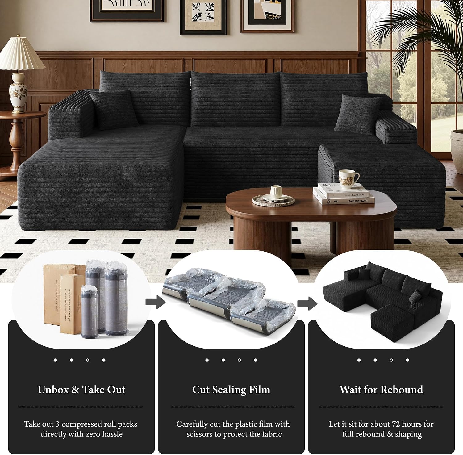 96''Sectional Couches for Living Room,Modern Modular Sectional Sofa,Upholstered Boneless Couch Comfy Cloud Couch with L Shaped Chaise (Black, Upgrade-96''W Left Facing Chaise+Ottoman)