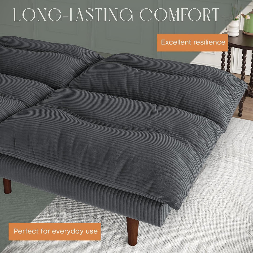 DreamDashio Futon Sofa Bed, 69 inch Futon Couch with Adjustable Backrest, Corduroy Convertible Sleeper Sofa Bed, Folding Sleeper Recliner for Apartment, Living Room, Office, Grey