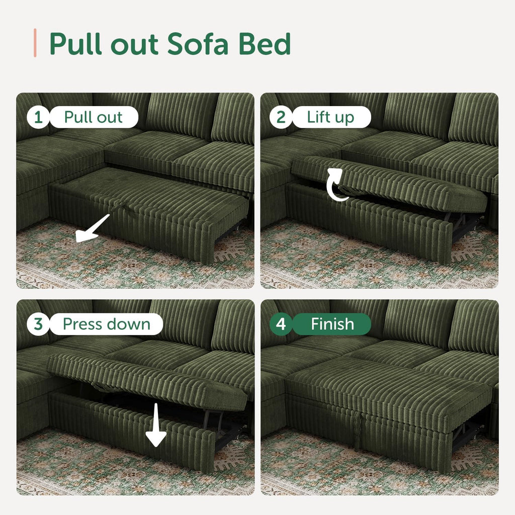 HONBAY Modular Sectional Sleeper Sofa with Pull Out Bed,Corduroy U Shaped Couch with Storage, Sectional Couches for Living Room,Green