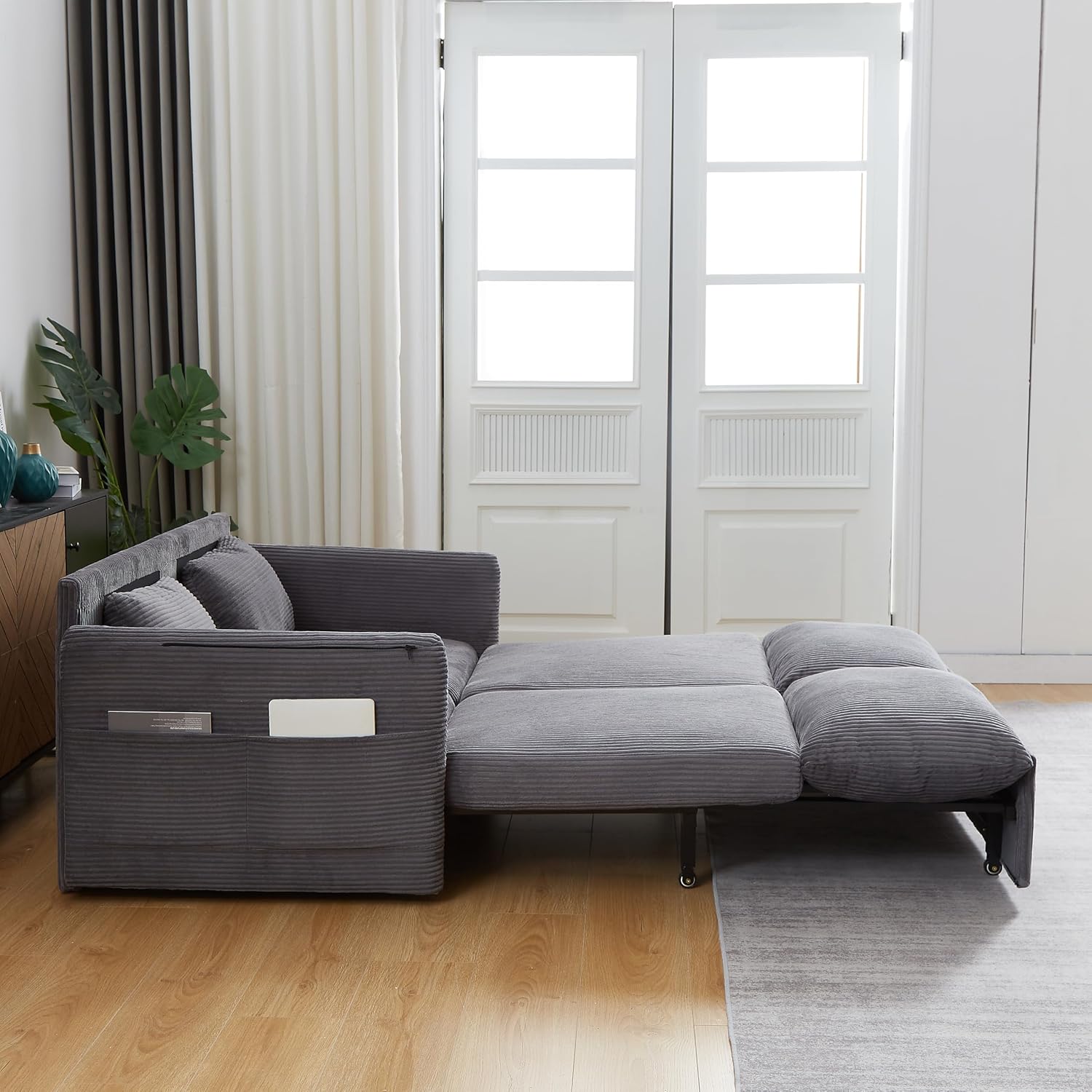 Eafurn 3 in 1 Convertible Pull Out Sleeper Sofa Couch Bed Queen Size, Corduroy Pullout Lounge Loveseat RV Sofa&Couches Sofabed with Soft Pillows Armrest,Side Pockers for Living Room Apartment