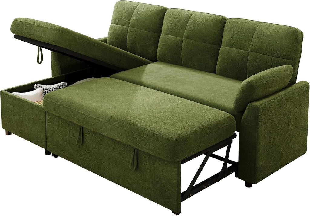 AMEILIFE Sofa Bed, Sleeper Sofa with Storage Chaise, Convertible Sofa Bed with Pull Out Couch, l Shaped Couch for Living Room-Green Linen
