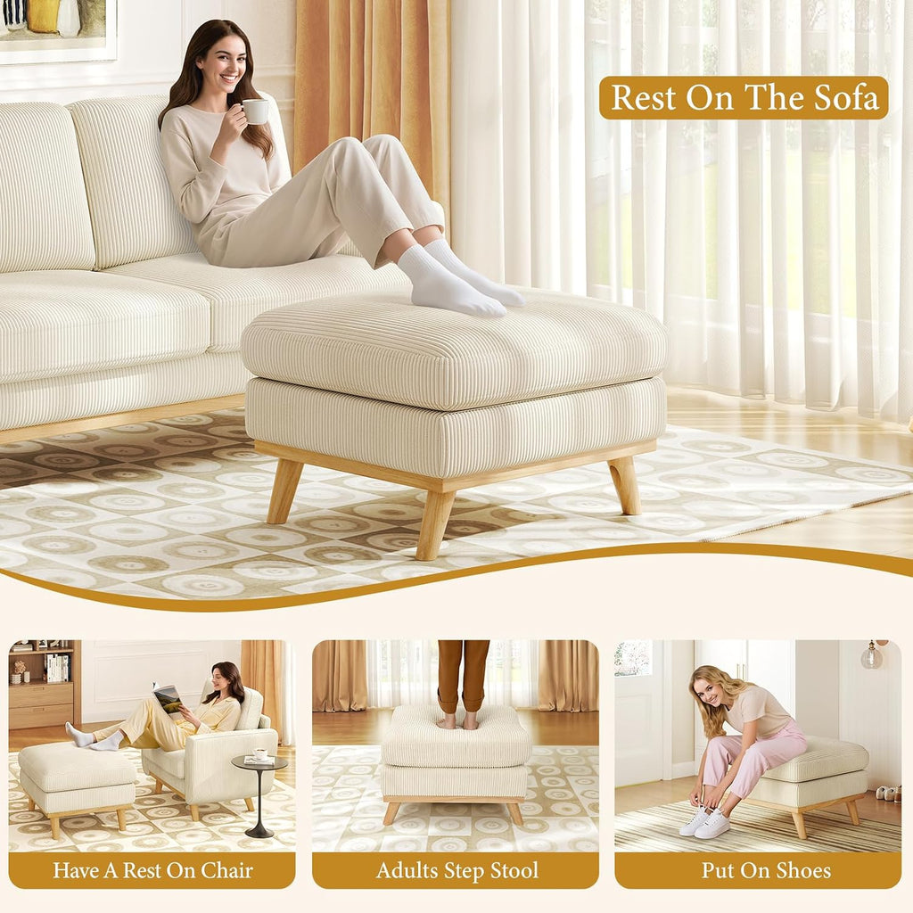 Vesgantti Large Ottoman for Modular Sofa, 29.5' Corduroy Pouf Ottoman with Spring Cushion, Rectangle Foot Rest for Couch, Entrance Footstool with Wood Legs, Footstool for Living Room, Bedroom, Beige