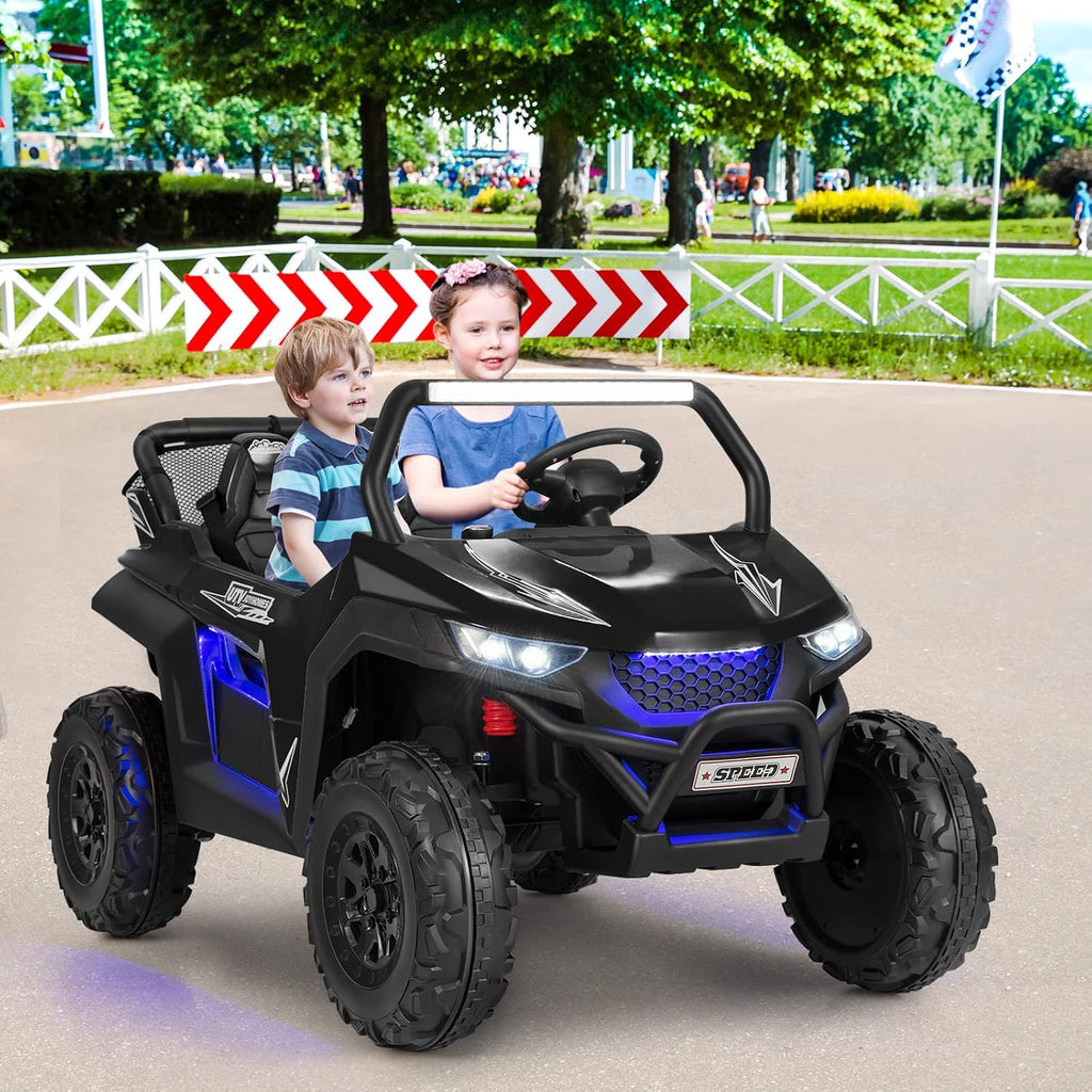 Costzon 2-Seater Ride on Car for Kids, 12V Kids' Electric Vehicles w/Remote Control, 4 Shock Absorbers, Wireless Music & FM, 3 Speeds, Ambiance Lights, Electric UTV, Kid Car Toy for Boys, Girls(Black)