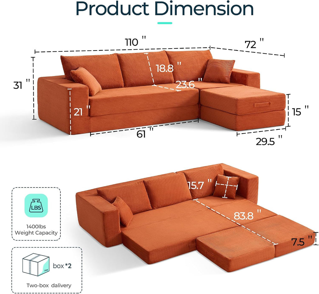LINSY HOME Oversized Convertible Sofa Bed with 2 Pillows & Ottoman, Corduroy Boneless Couch Folding Modular Sleeper Sofa, L Shaped Couch Floor Sofa for Living Room Apartment, Upgrade Backrest (Orange)