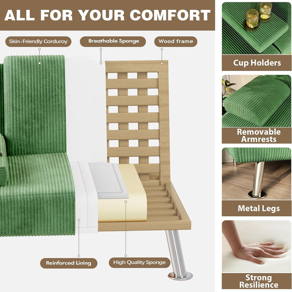 Homall Futon Sofa Bed, Futon Couch with Removable Armrests, Adjustable Recliner Sleeper Sofa Bed with Dual Cup Holders for Living Room, Apartment, Office (Corduroy, Green)