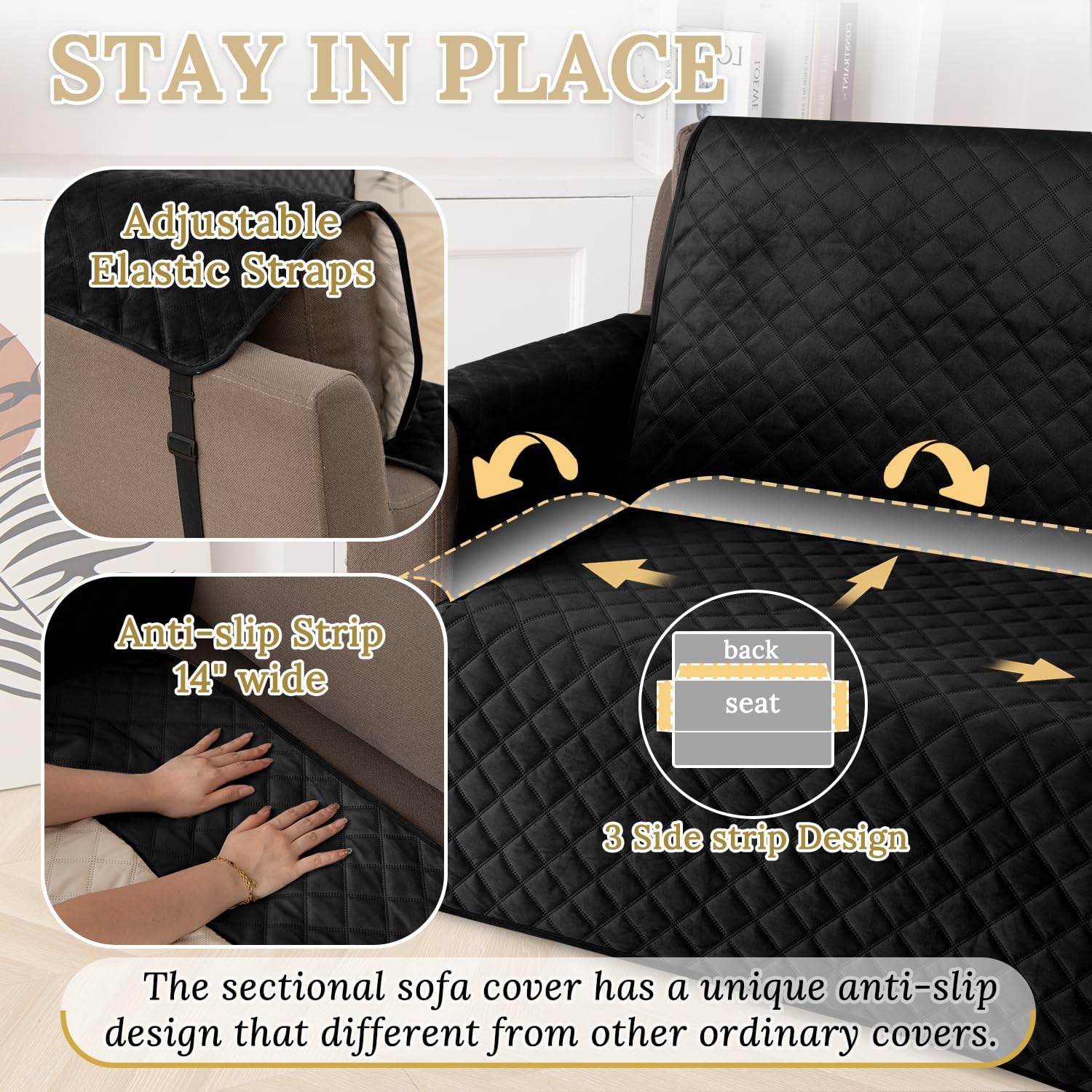 HDCAXKJ Waterproof Corner Sectional Couch Cover Velvet L Shape Sofa Covers for Pets Dogs Soft Heavy Duty U Shaped Sofa Slipcovers Sets for Sectional Non Slip Furniture Protector (Black, X-Large)
