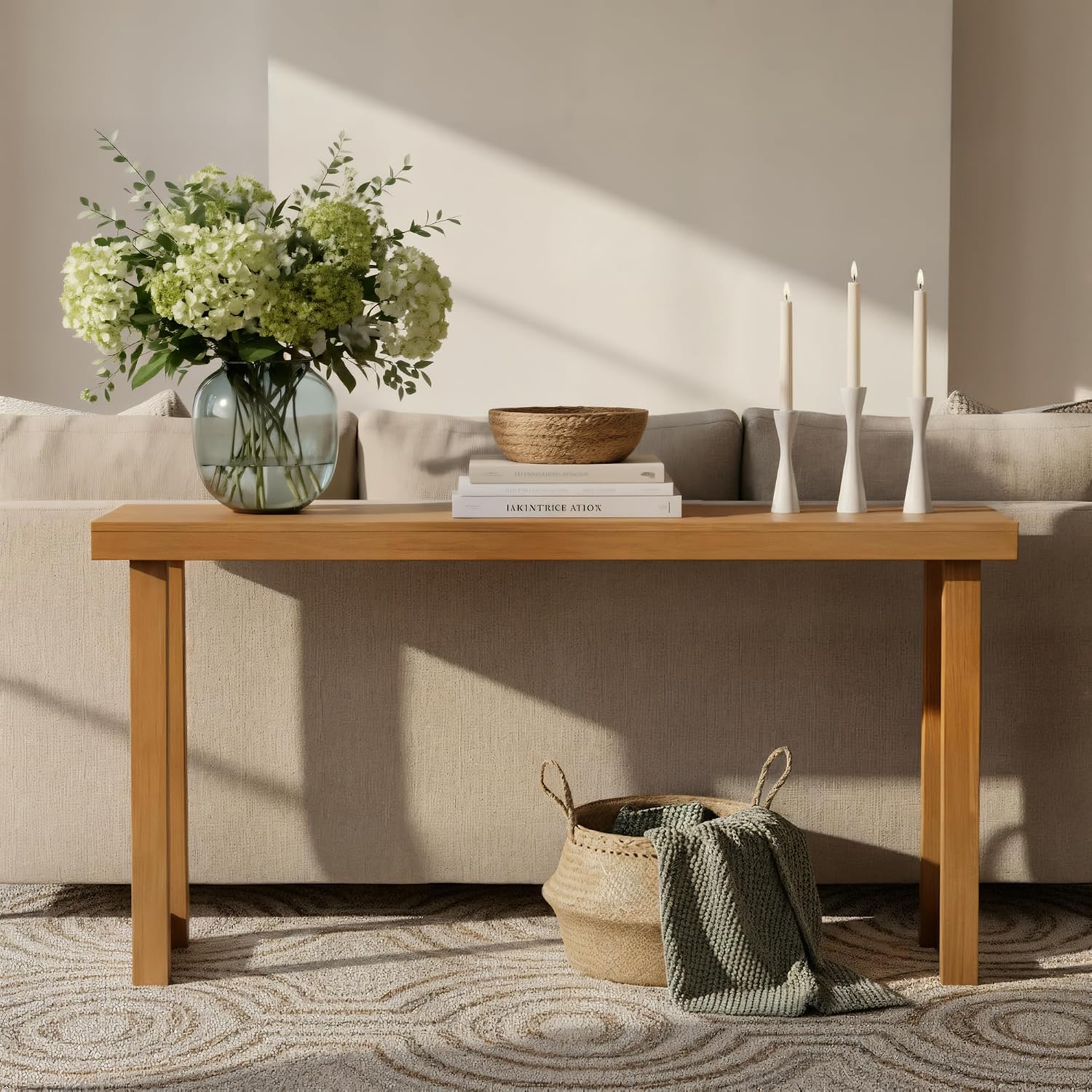 Plank+Beam Solid Wood Console Table, 66 Inch, Sofa Table, Narrow Entryway Table for Hallway, Behind The Couch, Living Room, Foyer, Easy Assembly, Pecan