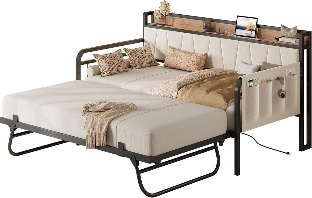 LIKIMIO Twin Daybed, Day Bed with Trundle, Storage Upholstered Headboard and Charging Station, Trundle Bed with Strong Supports for Living Room, Bedroom, and Guest Room, Beige