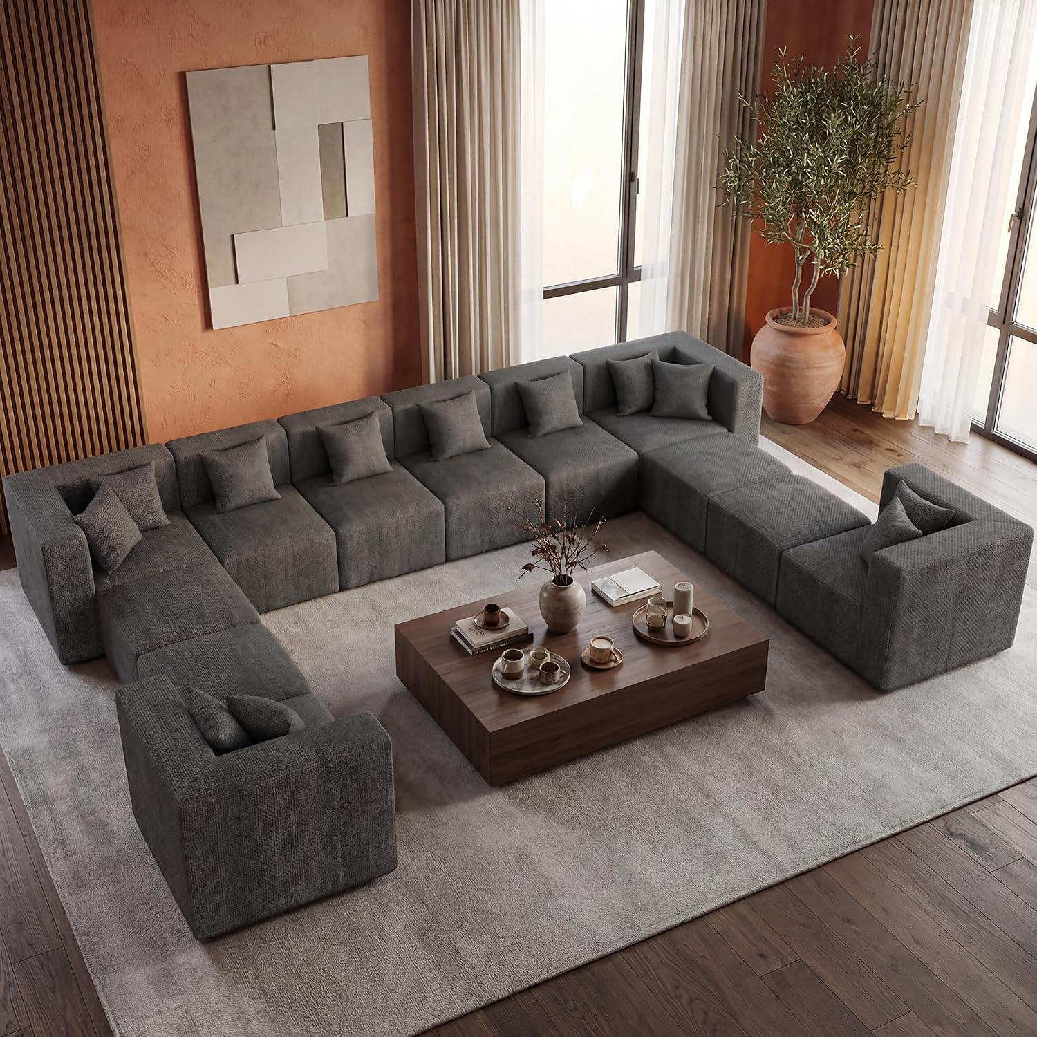 MONVANE Modular Sectional Sofa, Oversized 12 Seat Convertible U Shaped Couch with Ottoman, Comfy Chenille Cloud Couch with Deep Seat, Sectional Couches for Living Room, No Assembly Required, Grey