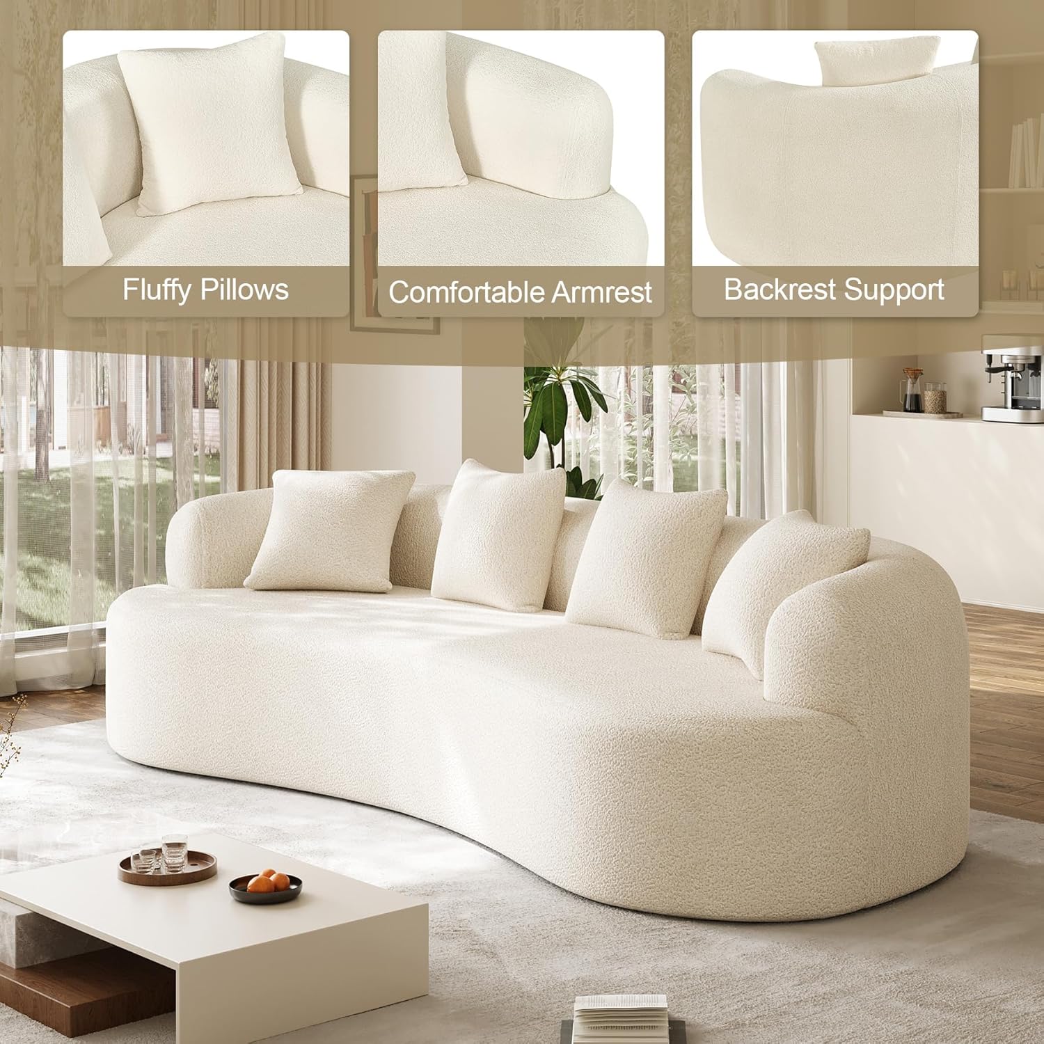 Oversized Sectional Sofa for Living Room, Modern Luxury Plush Chenille 4-Seater Extra Deep & Wide Seat Curved Cloud Couch with 4 Throw Pillows, No Assembly Needed, Cream White