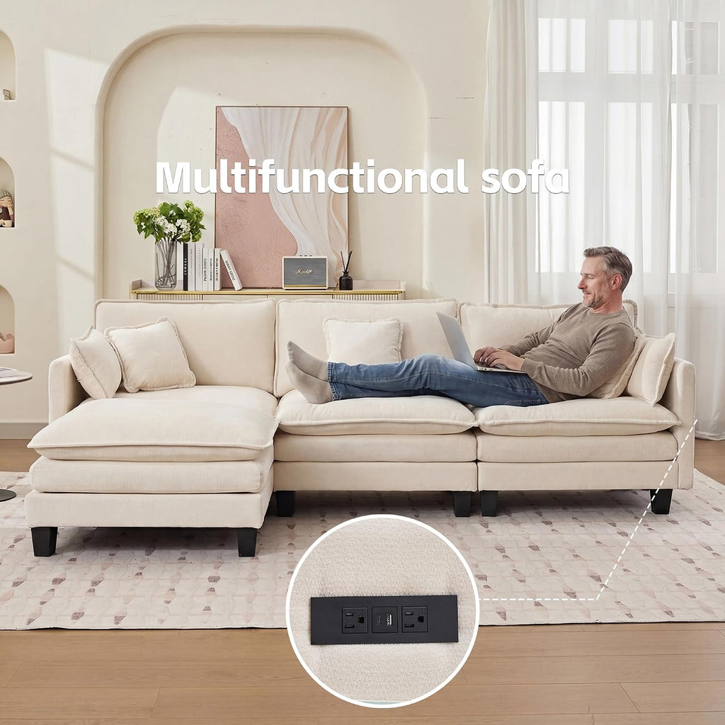 Opiesit Modular Sectional Sofa with Movable Ottoman, 110' 4-Seat Modern Couches for Living Room, Comfy L Shaped Couch Set with Deep Seat for Office and Apartment, Beige Chenille Fabric