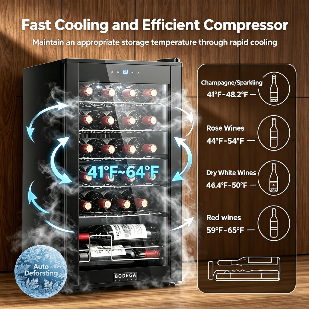 BODEGA COOLER 24 Bottle Wine Cooler, 2.5 Cu.Ft Mini Fridge with Lock, Freestanding & Under Counter, Small Refrigerator for Office, Bedroom and Home Bar, Double Glass Door & Digital Temp Control