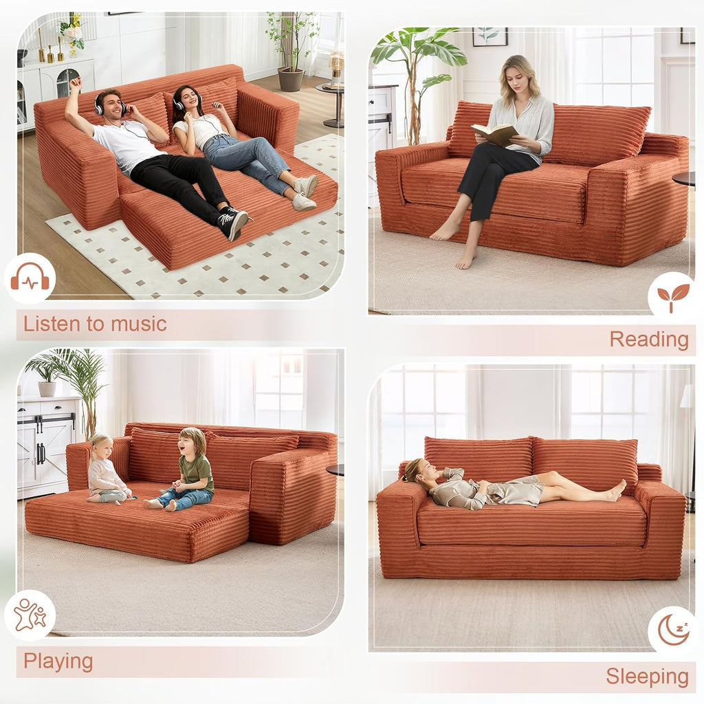GNIXUU Corduroy Cloud Loveseat Sofa, 2 in 1 Convertible Sleeper Sofa with Fixed-Shape Frame, Comfy Folding Boneless Love Seat Couches for Living Room, Apartment, Small Spaces. Orange