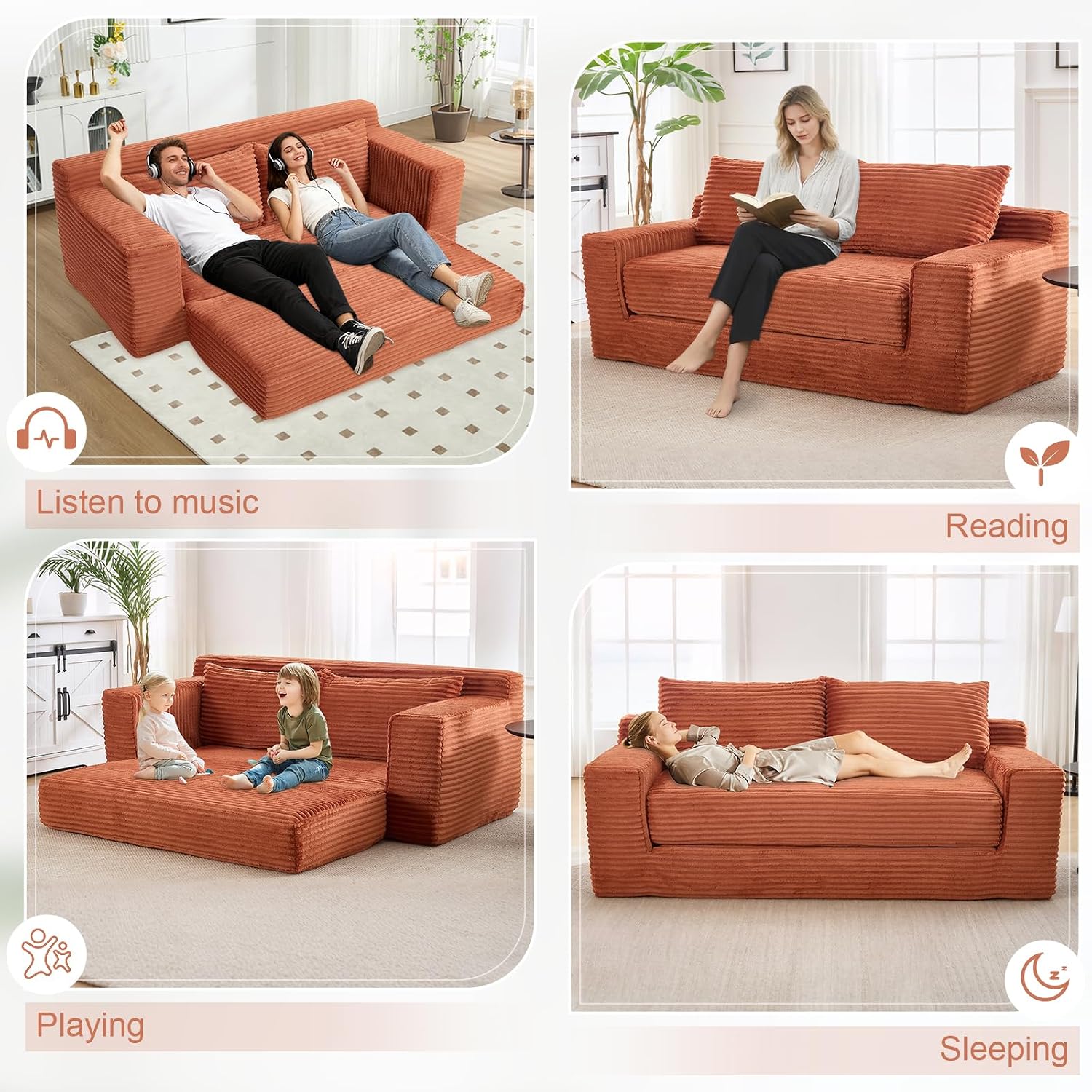 GNIXUU Corduroy Cloud Loveseat Sofa, 2 in 1 Convertible Sleeper Sofa with Fixed-Shape Frame, Comfy Folding Boneless Love Seat Couches for Living Room, Apartment, Small Spaces. Orange