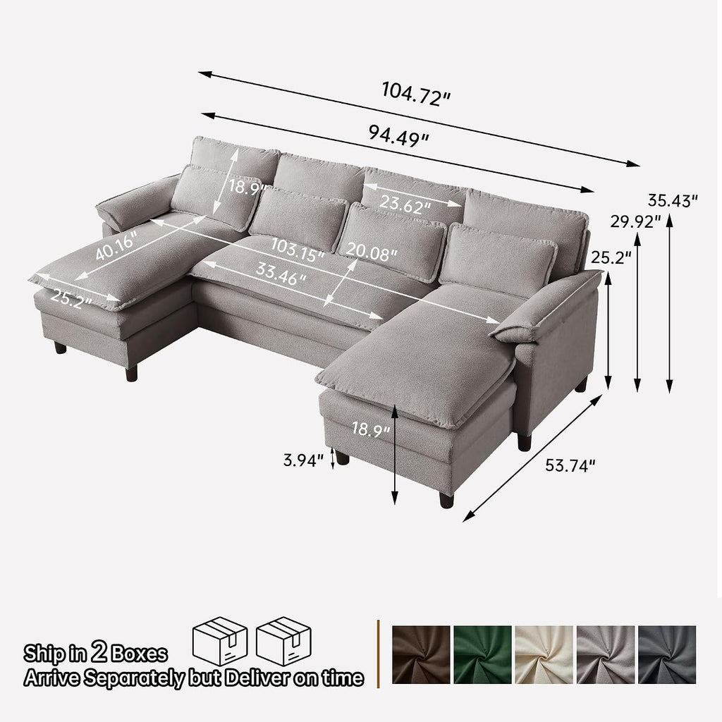 Comfy Cloud Couch Sectional Sofa with Lumbar Pillows, 105' Modern 4 Seater U Shaped Cloud Sofa with Deep Seat & Double Long Chaise, Sectional Couches for Living Room, or Office, Light Grey