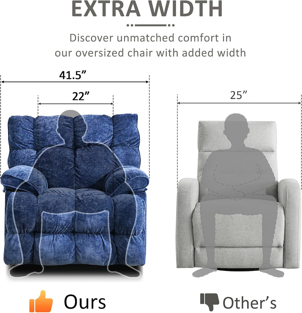 Oversized Recliner Chair, Overstuffed Swivel Rocker with Extra Wide Seat & Breathable Fabric for Living Room (Power, Blue)