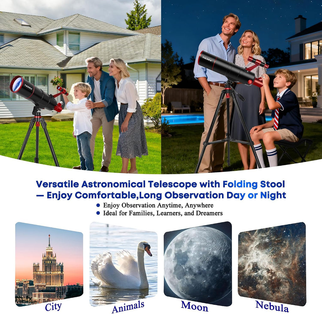 Telescope for Adults High Powered, 90mm Aperture 550mm Professional Telescope for Kids&Beginners with Folding Stool&Tripod&Phone Adapter&Carrying Bag, Portable Travel Refractor Astronomical Telescopes