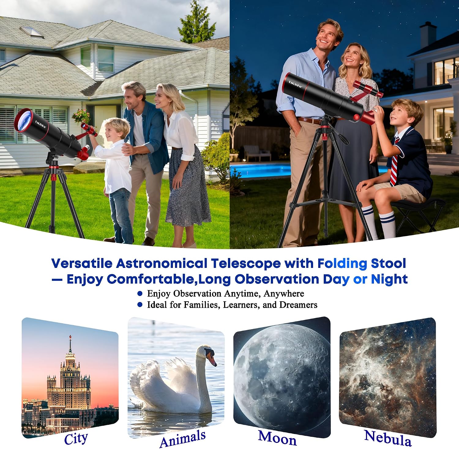 Telescope for Adults High Powered, 90mm Aperture 550mm Professional Telescope for Kids&Beginners with Folding Stool&Tripod&Phone Adapter&Carrying Bag, Portable Travel Refractor Astronomical Telescopes