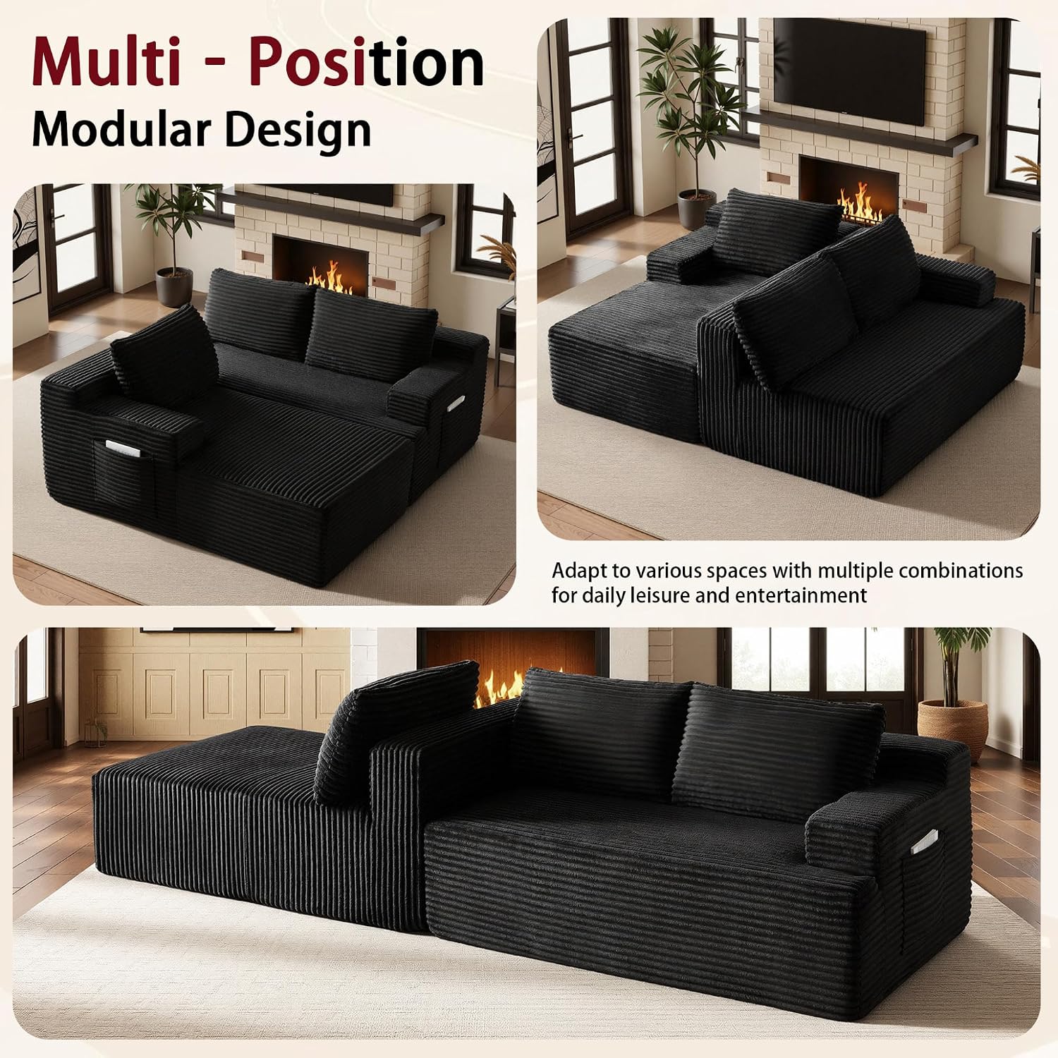 96''Sectional Couches for Living Room,Modern Modular Sectional Sofa,Upholstered Boneless Couch Comfy Cloud Couch with L Shaped Chaise (Black, 96''W Left Facing Chaise)