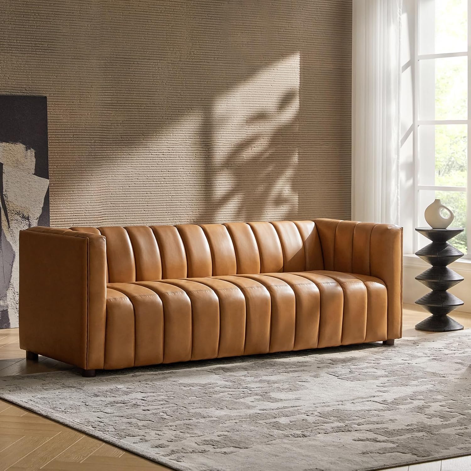 HULALA HOME 83' Genuine Leather Sofa with Channel Tufted Design, 3-Seater Sofa for Living Room Bedroom, Modern Oversized Couch with Wood Legs, Camel
