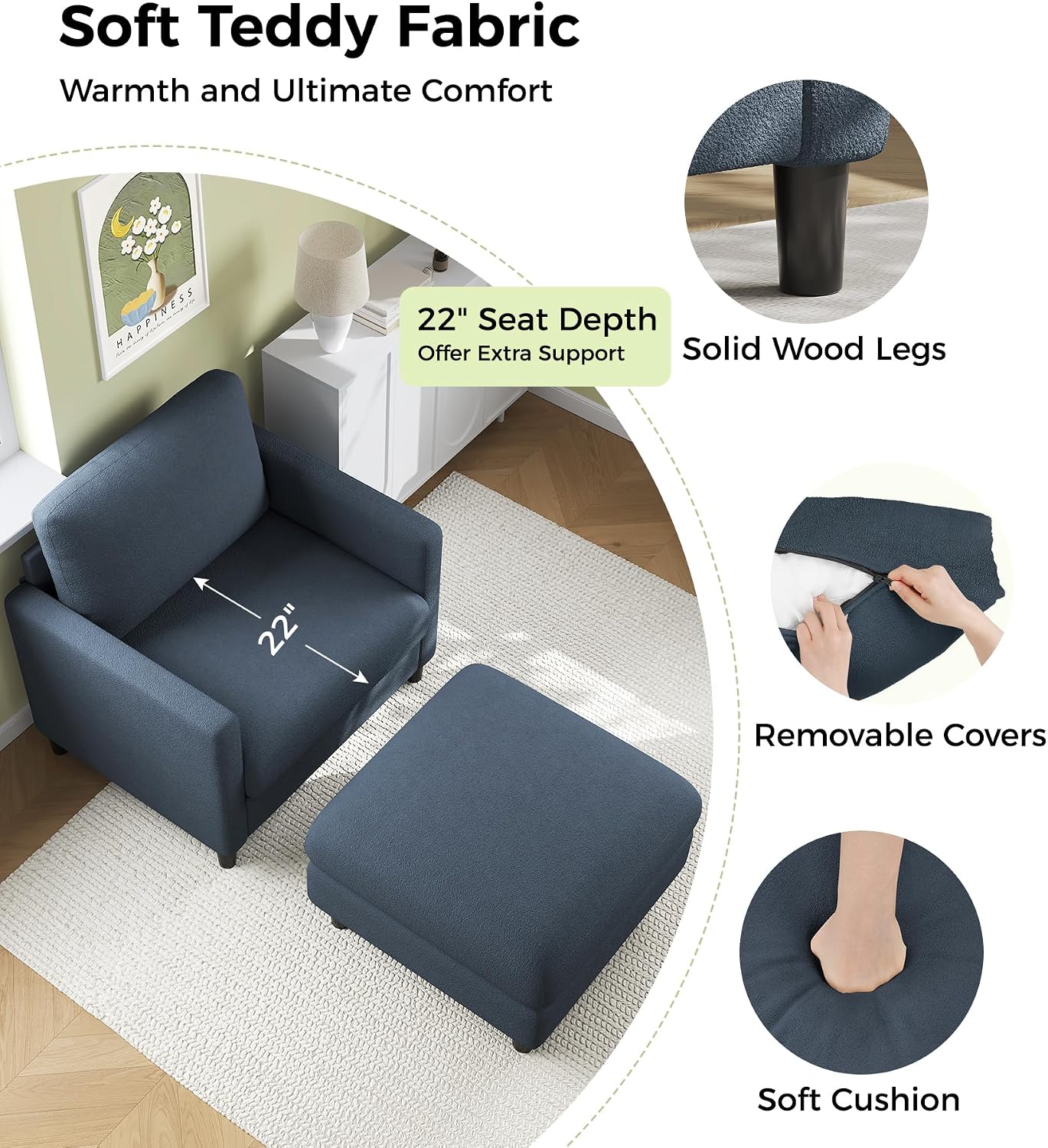 Welzona Sofa Accent Chair with Ottoman, 33' Reading Chair and Ottoman Set for Bedroom, Tool-Free Setup Living Room Accent Chairs, Comfy Arm Chairs Living Room, All-Wood Reading Nook, Blue Grey